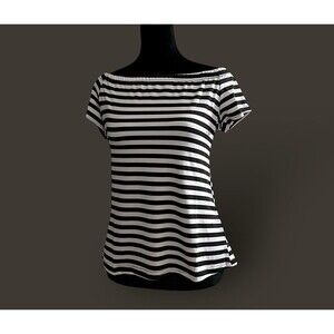 Black White Striped Off Shoulder Nautical Boho Chic Casual Boatneck Top Stylish